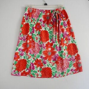 VTG French Floral Print Skirt Midi Length Elastic Waist Summer Casual Red Pink M